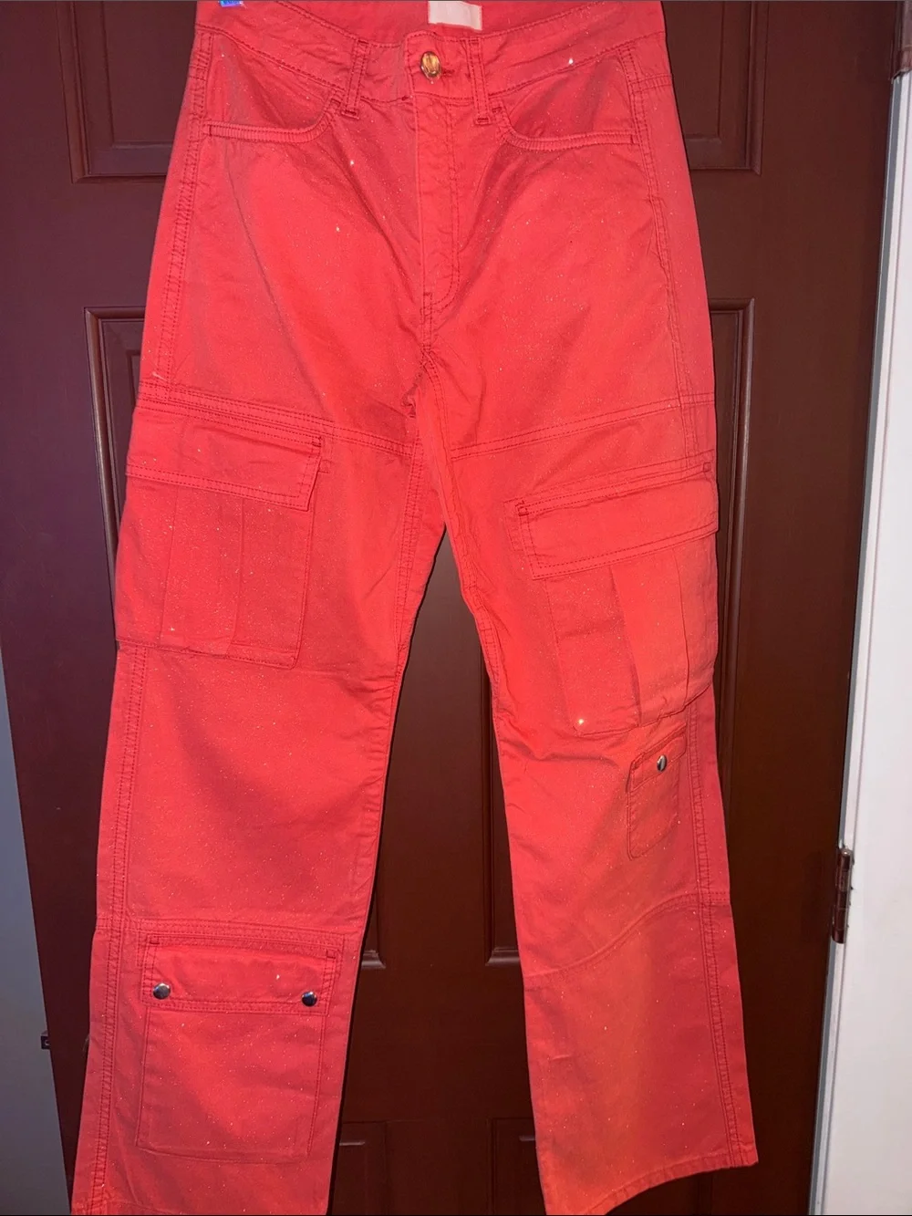 Liu Jo Red Metallic Sparkle Cargo Pants Women's Size 30 Utility Straight Leg